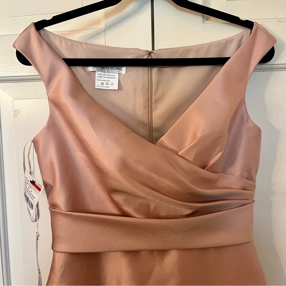 ALFRED SUNG Off-the-Shoulder Draped Wrap Satin Maxi Dress Toasted Sugar 8 AS IS - Picture 4 of 11